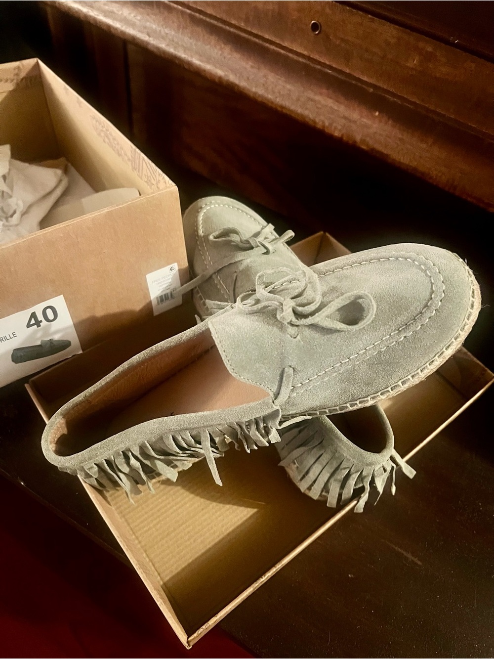 Free People Suede Fringe Moccasin Loafers in Mint Suede